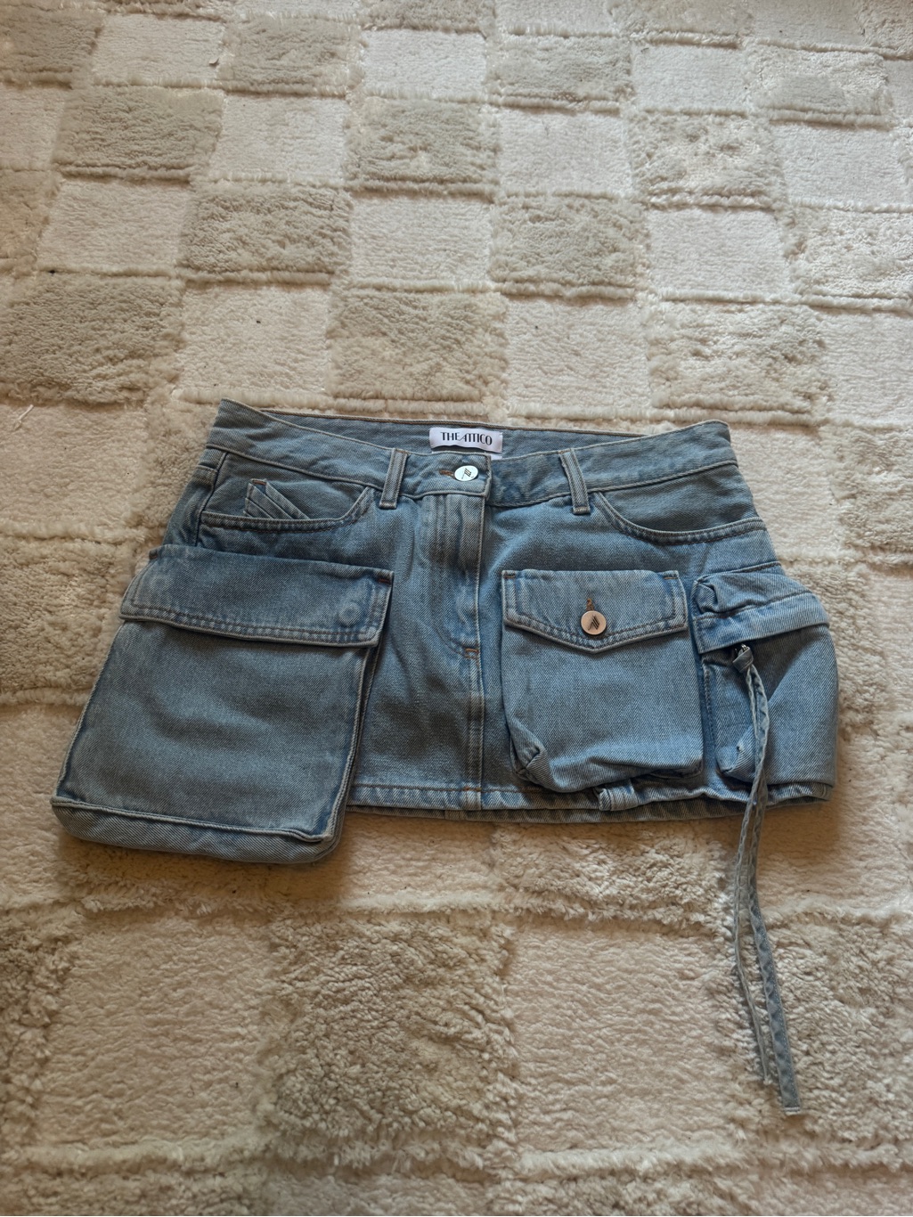 The Attico Utility Cargo Mini Denim Skirt Size 26 Light Wash Cotton
